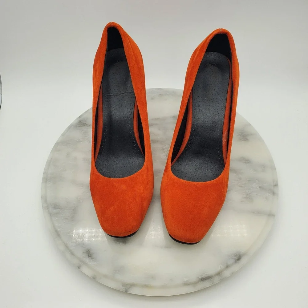 Vibrant Orange Suede Block Heel Pumps Round Toe Chunky High Heels Women Sz 6.5-7